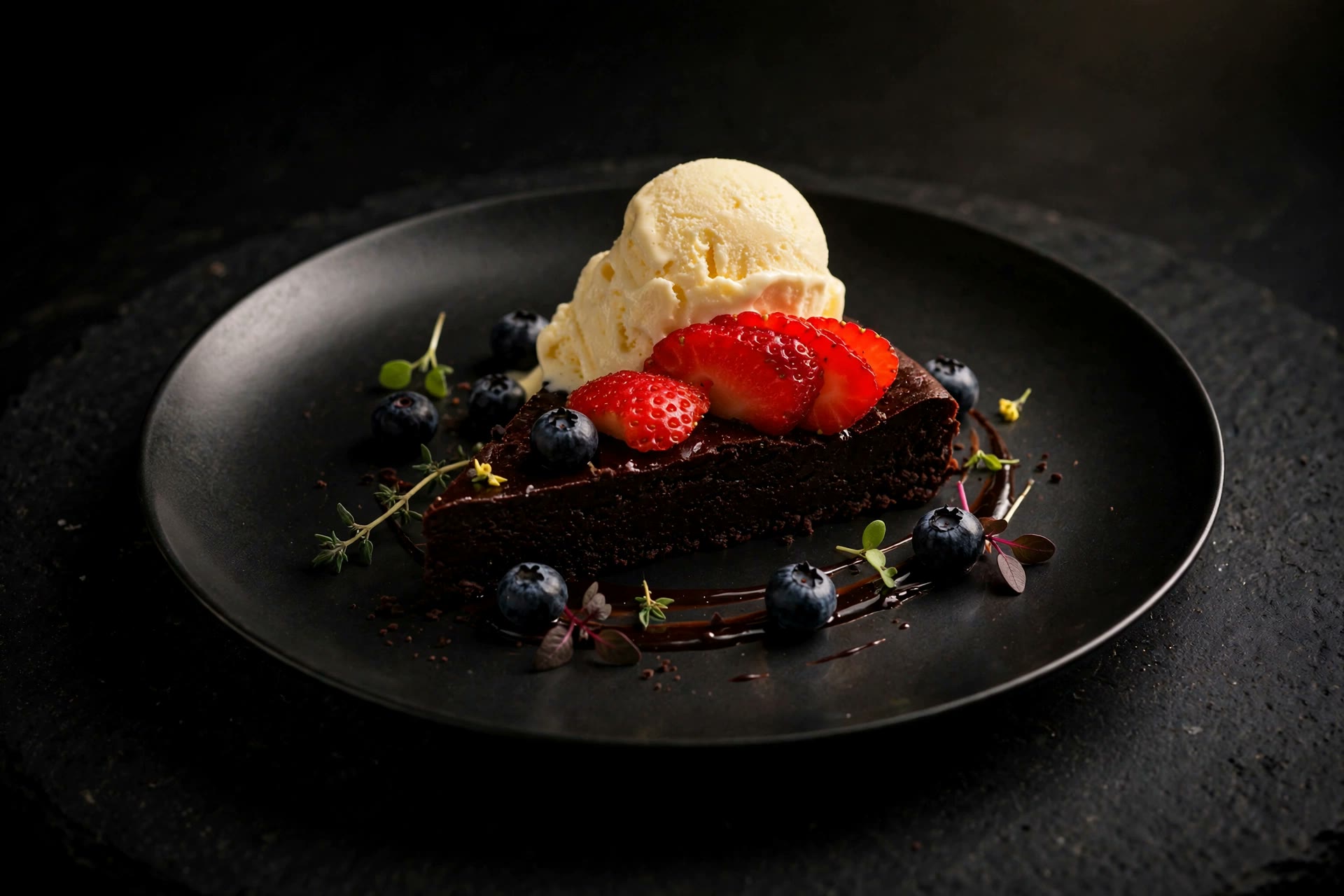 Flourless chocolate torte with vanilla ice cream, strawberries and blueberries