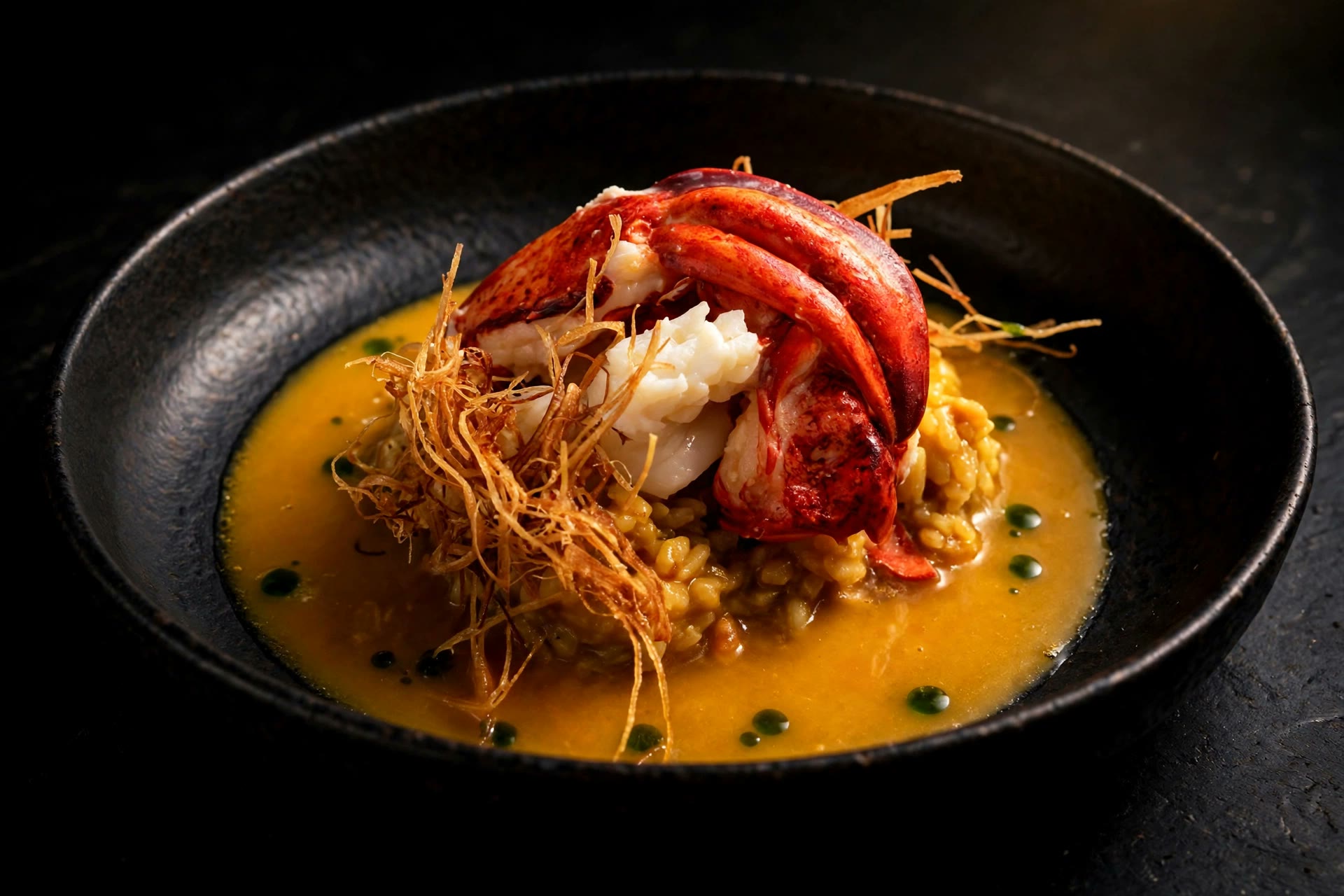 Butter-poached lobster over saffron risotto with crispy shallots