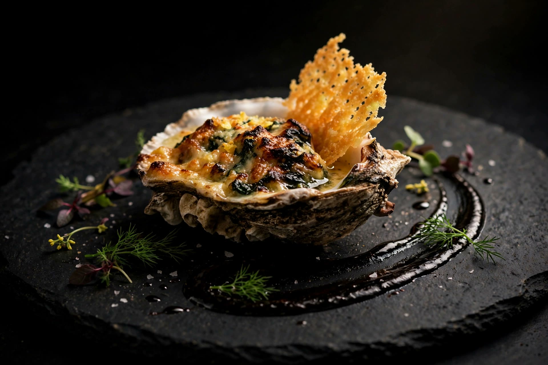 Oysters Rockefeller with golden gratin and cheese crisp