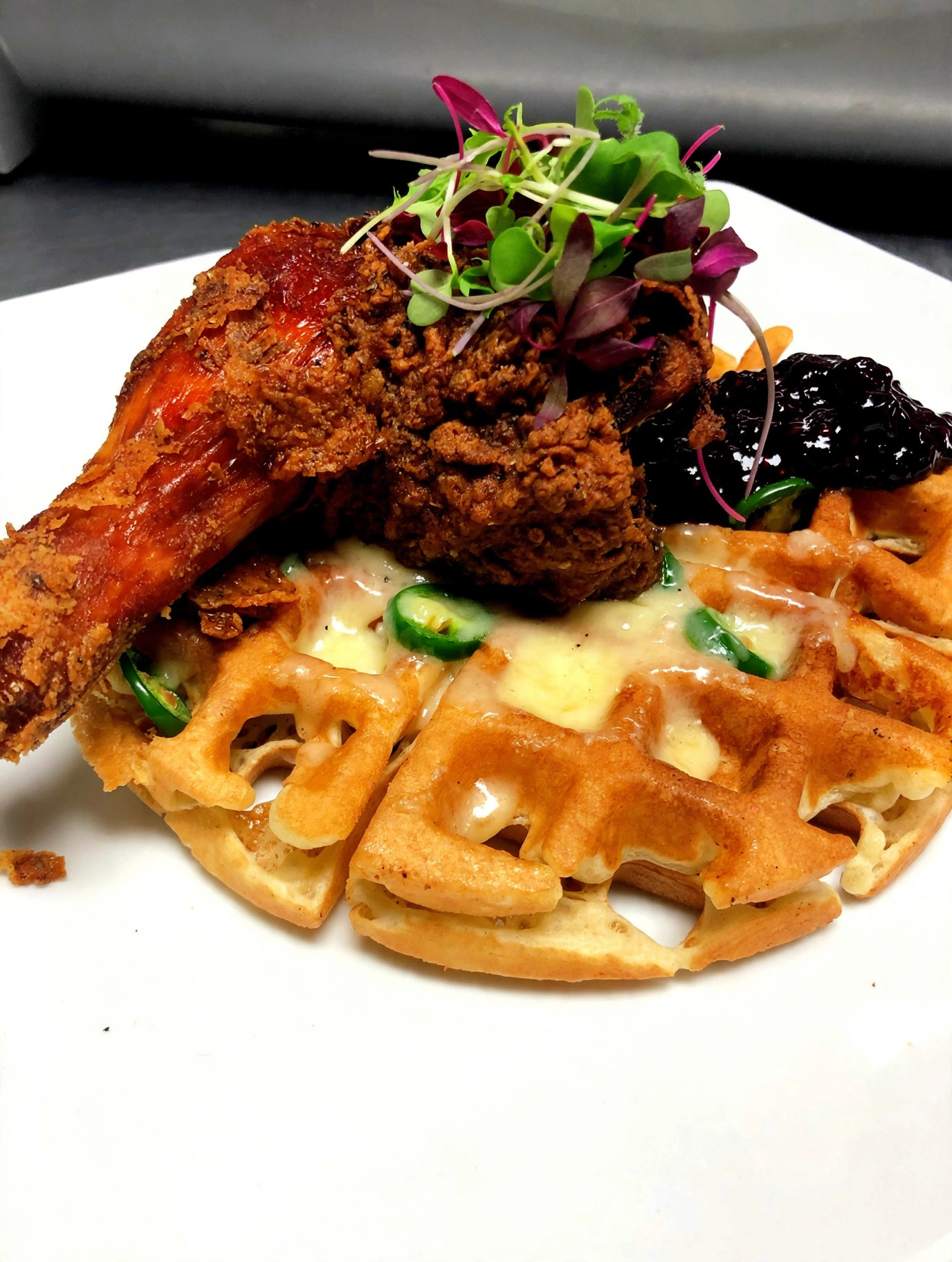 Fried chicken and waffles with jalapeño