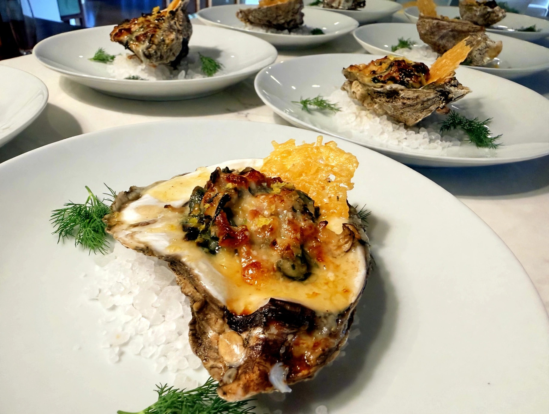 Baked oysters with parmesan crisp