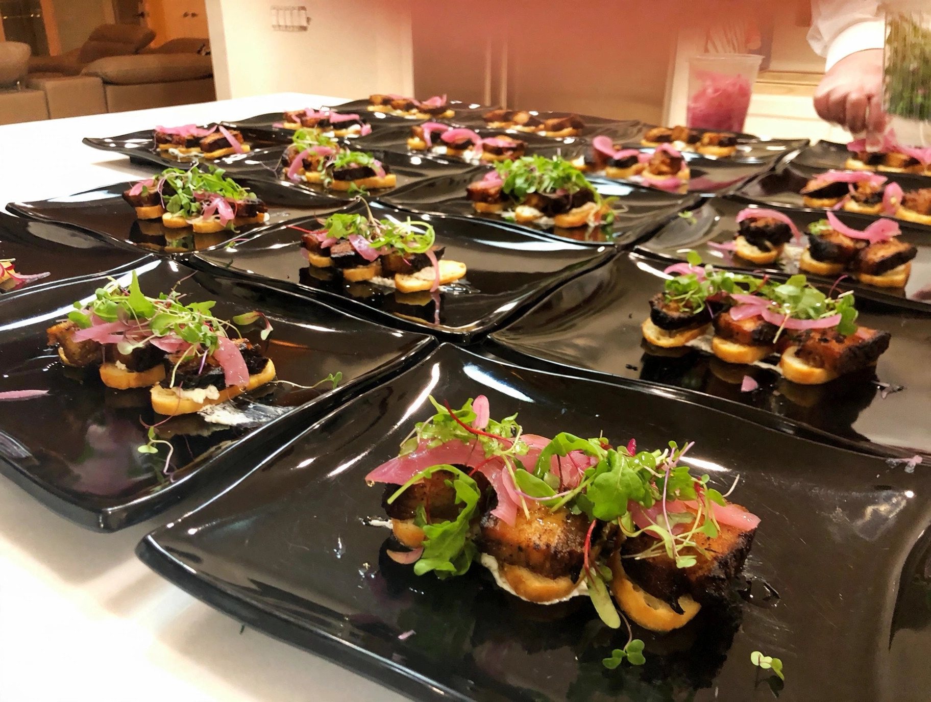Pork belly crostini appetizers for a party