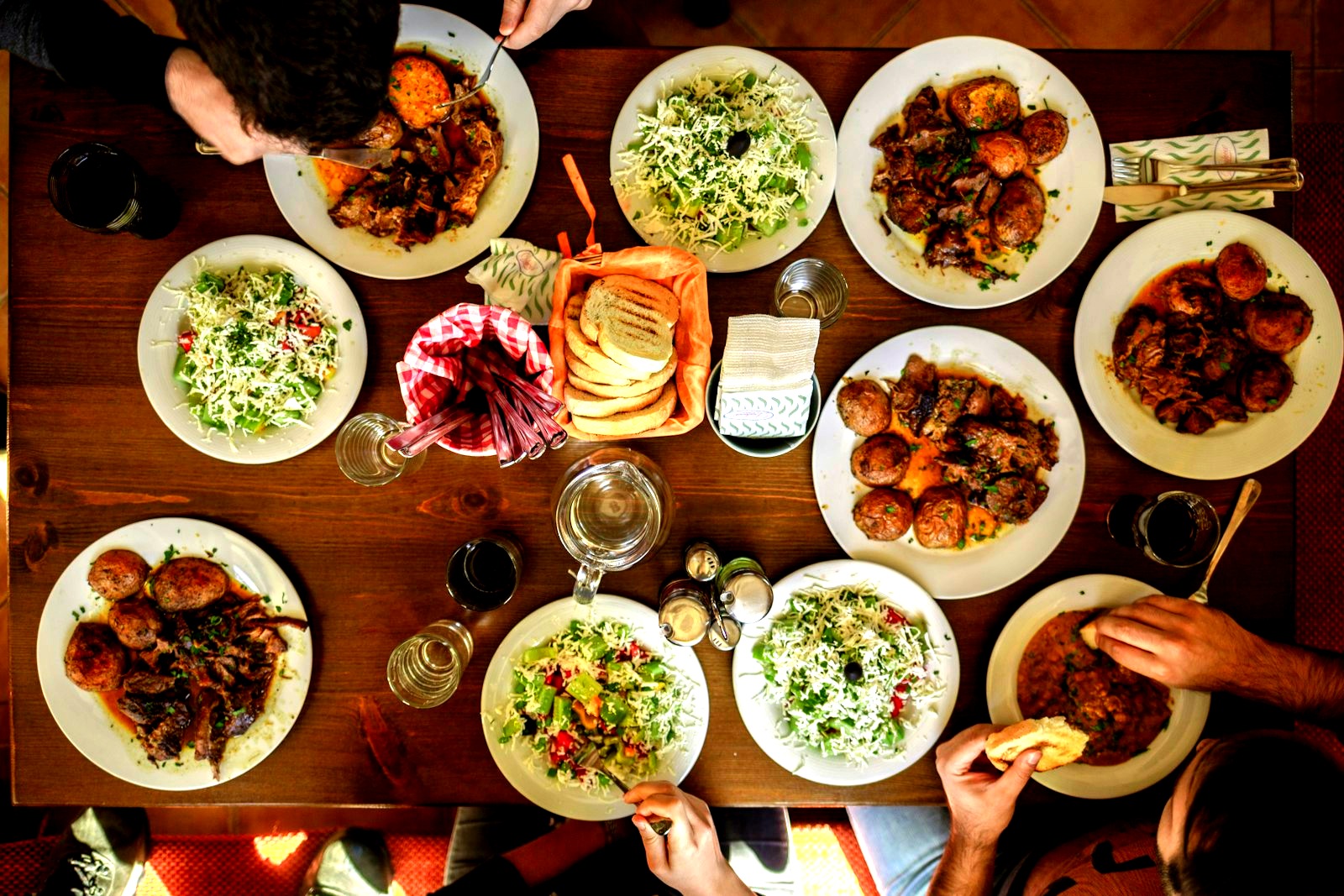Rustic family-style feast table, overhead