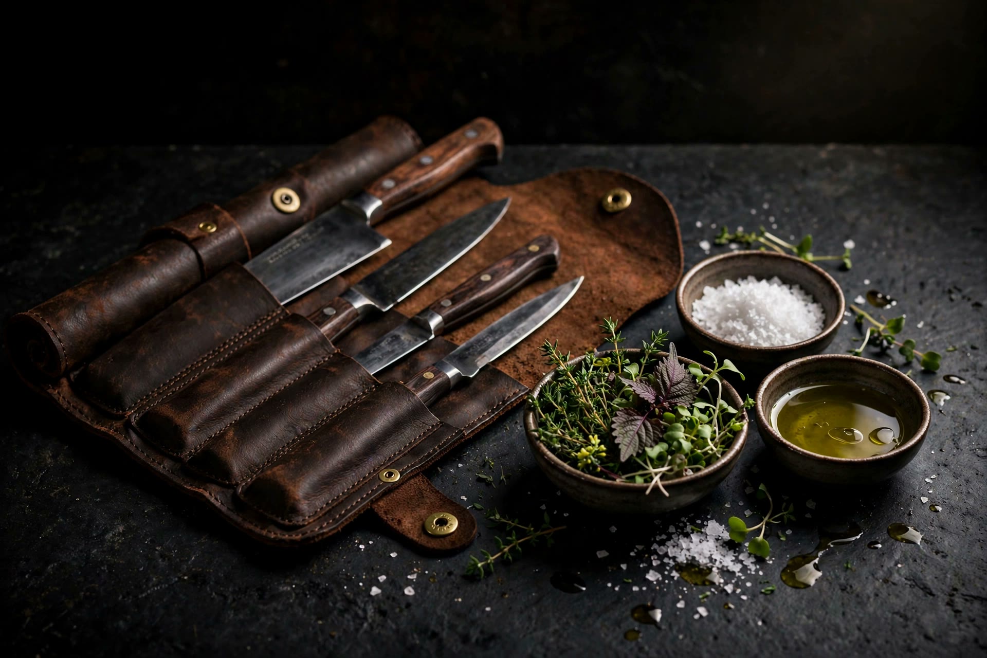 Chef's knife roll unrolled beside mise en place on a dark counter