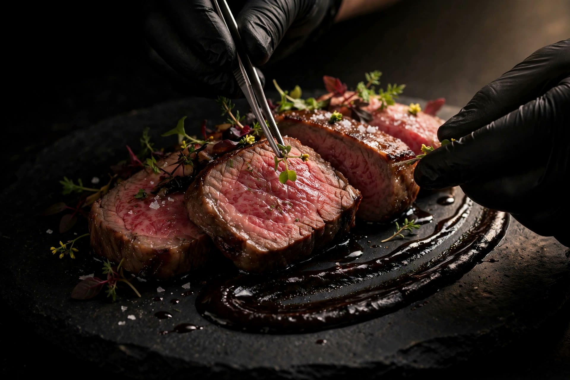 Chef's hands placing the final garnish on a plated dish