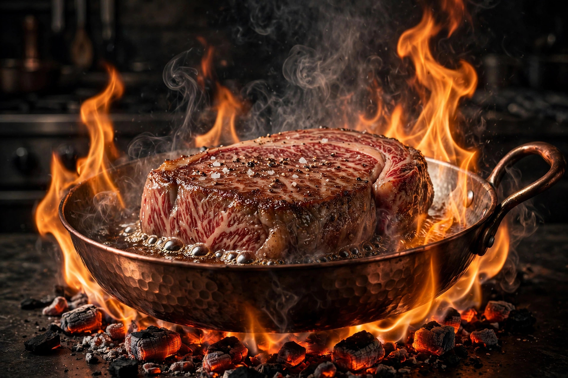 Wagyu searing in a hammered copper pan amid flames