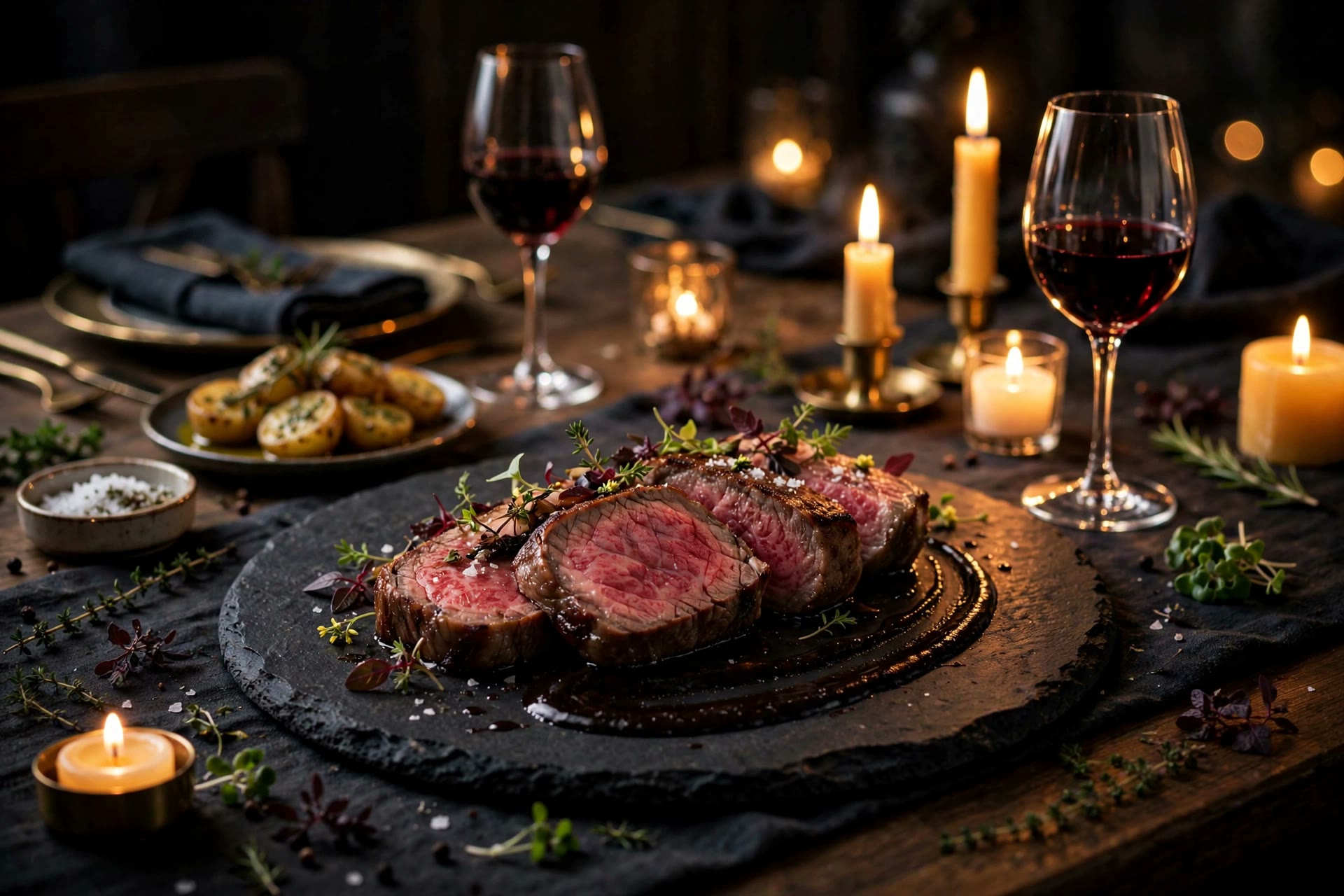 Candlelit dining table with plated dishes and wine